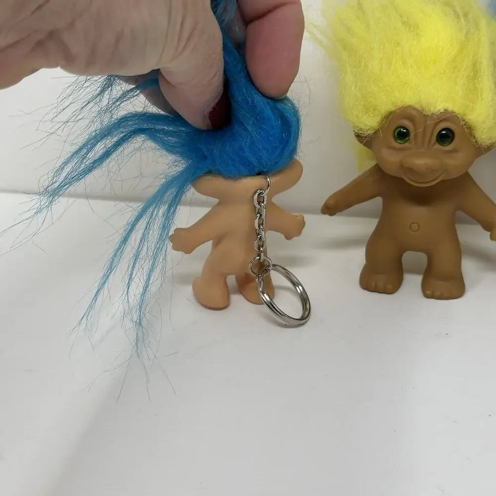 Vintage 3” Troll, Troll Keychain & Clown Troll - Yellow & Blue Hair